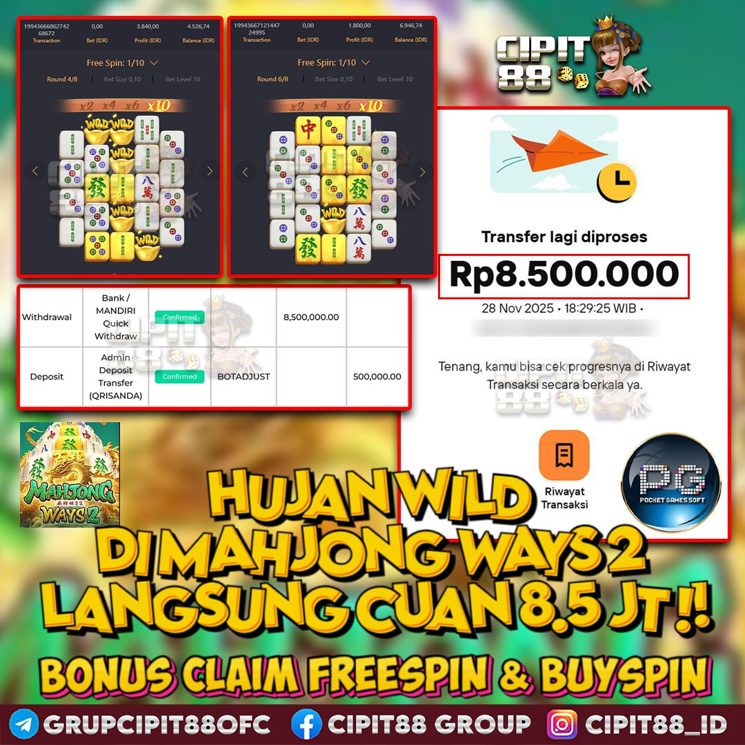 CIPIT88 JACKPOT SLOT MAHJONG WAYS 2 RP 8.500.000 ID : HAN***